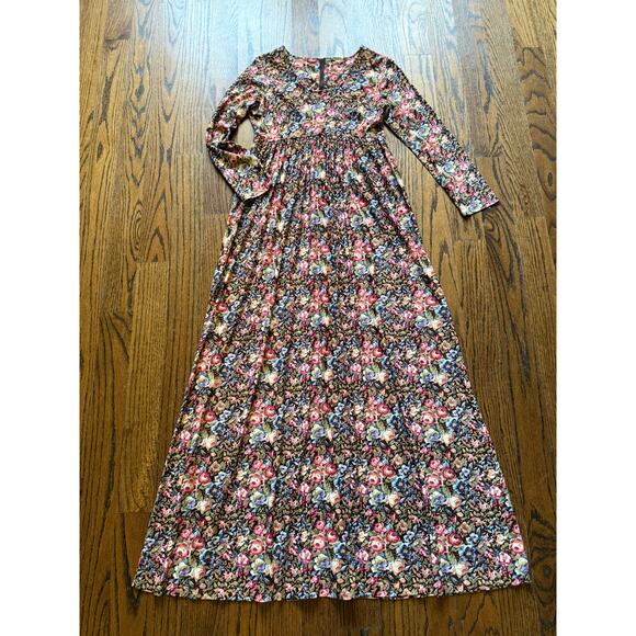 -TALL-Vintage Maxi Dress Brown Floral Fall Winter Hippie Boho Artsy Folksy Gypsy - Picture 2 of 12